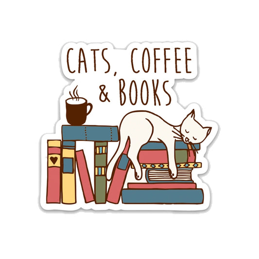 Cats, Coffee & Books Funny Vinyl Sticker